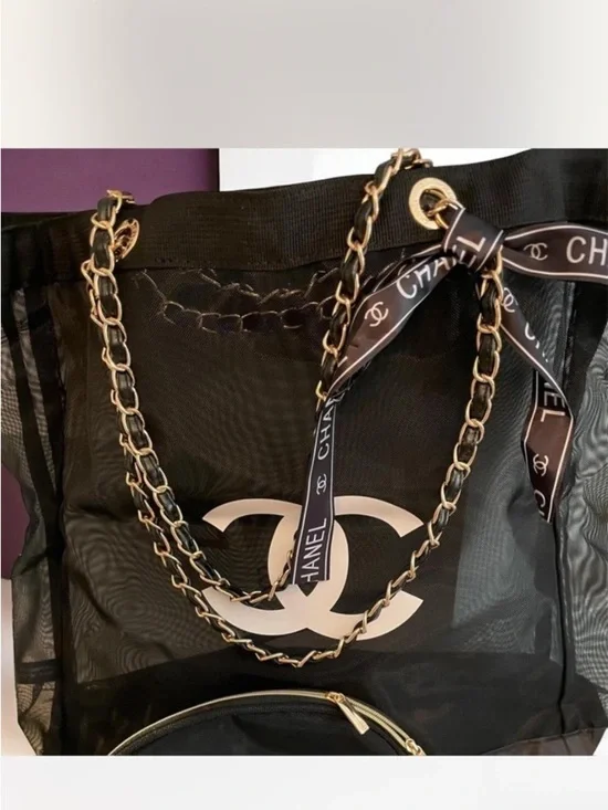 CHANEL Black Mesh Tote with Gold Chain and Cosmetic Pouch - Picture 2 of 4